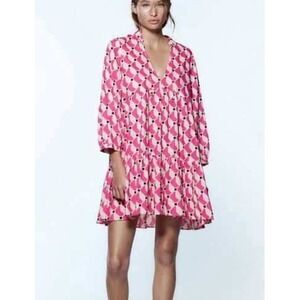 Zara Lightweight Geometric Flowy Mini‎ Dress Pink Cream Size Extra Large